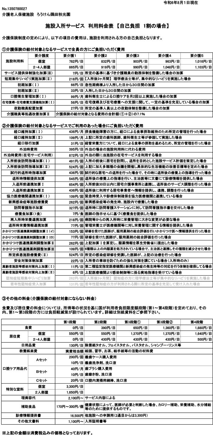 施設入所サービス 料金表